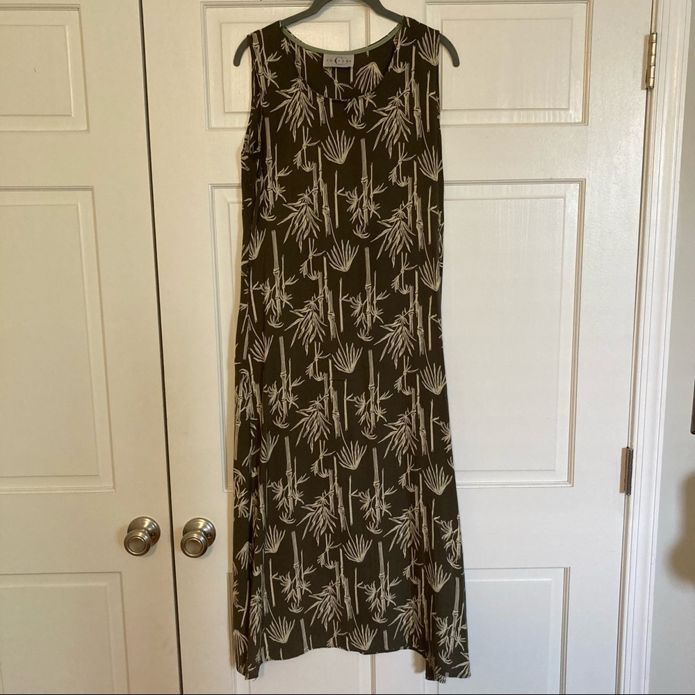 Vintage green bamboo print maxi dress, rayon